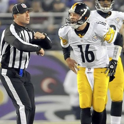 Steelers quarterback Charlie Batch argues to the official as he calls a false start against the Steelers Sunday in Baltimore.