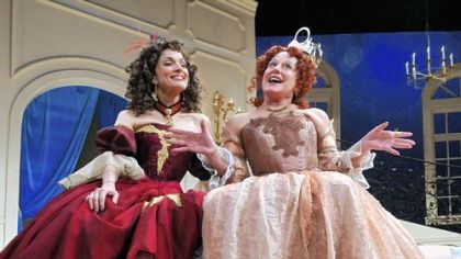Supplying plenty of laughs in "The School for Lies" are Nike Doukas, left, as Celimene and Helena Ruoti as Arsinoe.