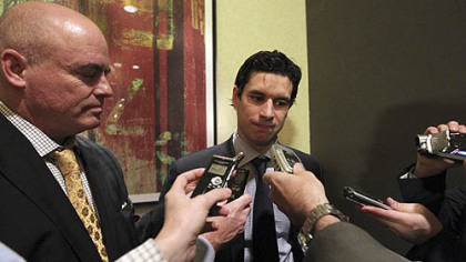 The Penguins' Sidney Crosby speaks to reporters Thursday in New York. Talks in the NHL lockout broke down after just one hour tonight, and it isn't known when the league and the players' association would get back together.