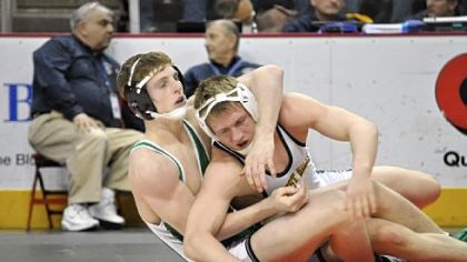 South Fayette's Michael Fetchet, left, going against Forest Hills' Cody Law during the PIAA Class AA tournament last March, finished fifth in the state at 160 pounds.