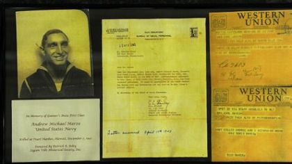 Artifacts relating to Andrew Marze's death at Pearl Harbor are on display at Soldiers & Sailors.
