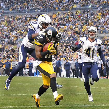 Mike Wallace hauls in a touchdown pass from Ben Roethlisberger.