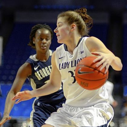 Penn State's Maggie Lucas looks around a Georgetown defender during in the first half of the Nittany Lions' easy win.