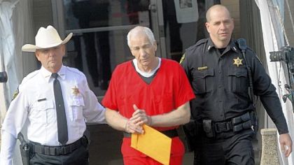 Jerry Sandusky in escorted from the Centre County Courthouse in October after his sentencing on 45 counts of child sex abuse.