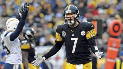 Ben Roethlisberger looks to an official as he questions a play ruled a fumble and recovered by the Chargers for a touchdown in the third quarter Sunday at Heinz Field.