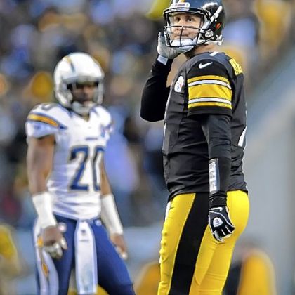 Steelers quarterback Ben Roethlisberger looks back after throwing an interception to the Chargers in the fourth quarter Sunday at Heinz Field.