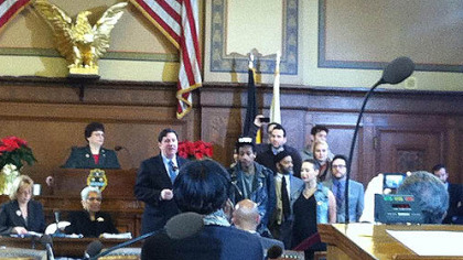 Wiz Khalifa accepts a proclamation from Councilman Bill Peduto during a ceremony at the City-County Building this morning.