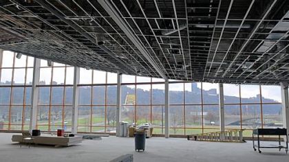 Interior windows of the new addition at the Wyndham Grand Hotel frame view of the Fort Pitt Bridge and Point State Park.