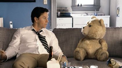 Mark Wahlberg and his bear Ted (voice of Seth MacFarlane).