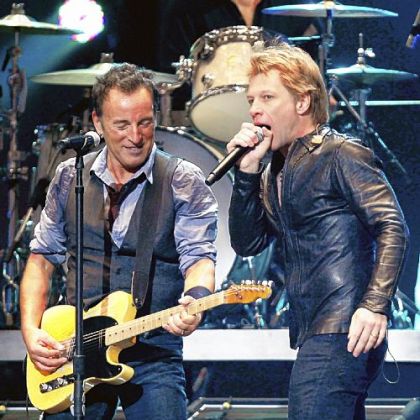 Bruce Springsteen, left, and Jon Bon Jovi at the The Concert for Sandy Relief in New York Wednesday night.