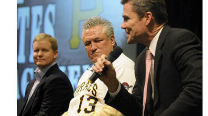 Pirates general manager Neal Huntington, manger Clint Hurdle and president Frank Coonelly answer questions from season ticket-holders Friday at PirateFest.