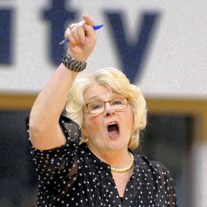 Pitt women's coach Agnes Berenato calls out offensive plays in the second half of a game against Rider Sunday at Peterson Events Center. Rider won, 65-48.
