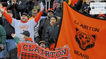 Clairton fans at Hersheypark Stadium cheer on the Bears as they play Dunmore in the PIAA Class A championship game Friday. Clairton won, 20-0, to claim their fourth consecutive state title and stretch their state-record winning streak to 63 games.