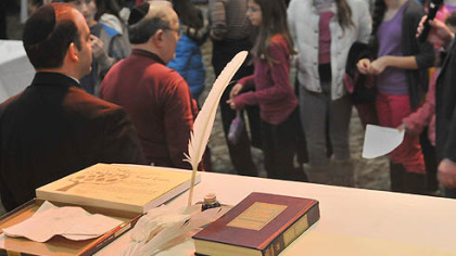 The quill, which scribe Rabbi Levi Selwyn of North Miami Beach, Fla., will use to begin filling in the letters on Beth El Synagogue's new Torah scroll, stands ready.