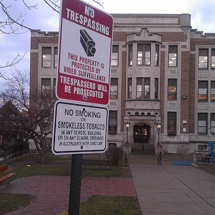 A sign outside Bellevue Elementary on Lincoln Ave. in Bellevue warns trespassers of security cameras. Bellevue Elementary is part of the Northgate School District.