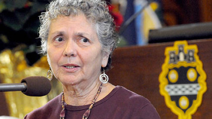 Molly Rush, one of the founding members of the Thomas Merton Center, thanks Pittsburgh City Council for its proclamation recognizing the center on its 40th anniversary. Ms. Rush also said members are planning to urge the city to conduct an annual report on the impact of military spending in Pittsburgh.