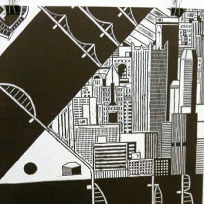 Jim Rugg's woodcut print shows his interpretation of Downtown as "a city forged by natural and man-made wonders."