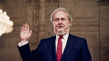 In this Sept. 15, 1987 file photo, Judge Robert Bork, nominated by President Reagan to be an associate justice of the Supreme Court, is sworn before the Senate Judiciary Committee on Capitol Hill at his confirmation hearing.