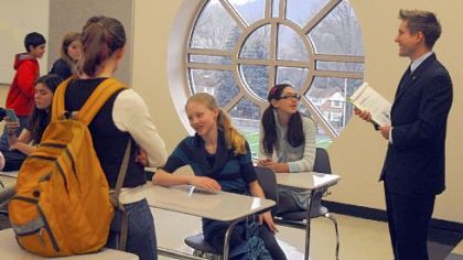 Eighth-graders make their first visit to Tom Forrest's English/language arts classroom in the renovated Quaker Valley Middle School.
