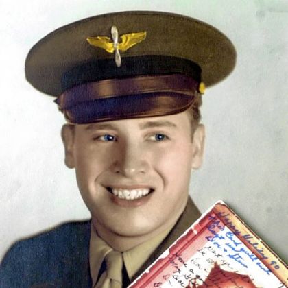 A photo of Stewart Owens in 1943 with the Christmas card he has exchanged with his Army friend since then. He is a former Liberty mayor and councilman.