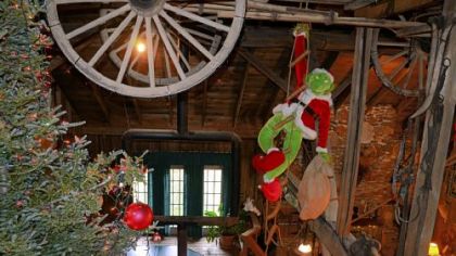 Each Christmas, the Grinch is put into a new spot in Marie and Ron Songer's Christmas display in their sunken living room. Here the Grinch hangs from the bottom of a large wooden antique farm wagon, which is affixed to the ceiling.