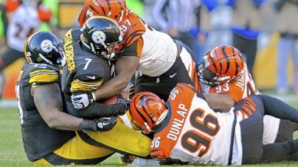 Steelers quarterback Ben Roethlisberger is sacked by Bengals' Geno Atkins in the third quarter Sunday at Heinz Field.