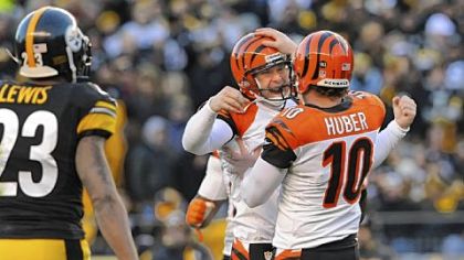 Bengals' kicker Josh Brown and holder Kevin Huber celebrate their winning field goal near the end of the fourth quarter Sunday at Heinz Field.