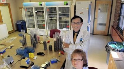 Victor Yu and Janet Stout, Legionnaires' disease experts, at Special Pathogens Laboratory in Uptown.