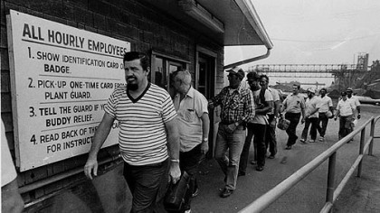 Steelworkers leave the second shift at the Jones and Laughlin Aliquippa works in  Aliquippa in this August 1980 file photo.