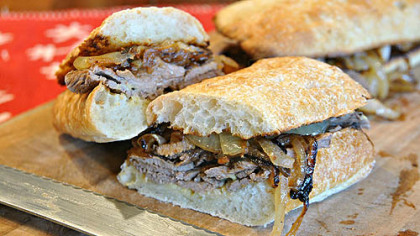Minute steak sandwich with fried onions.