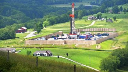 From "The Marcellus Shale Documentary Project" at Pittsburgh Filmmakers, a gas-drilling rig in the Hopewell area of Washington County by Scott Goldsmith.