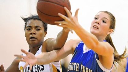 Quaker Valley's Rachel Smith, left, South Park's Mikaela Tranter battle for a loose ball.