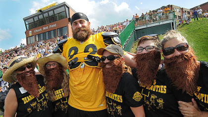 August: Steelers defensive end Brett Keisel poses with "Brett's Bearded Beauties" at training camp.