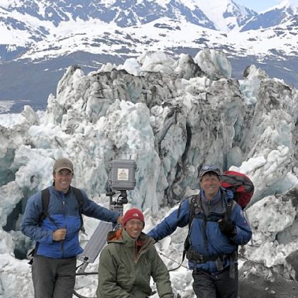 "Extreme Ice Survey" team members Adam LeWinter, left, Jeff Orlowski, James Balog of EIS at Columbia Glacier, Columbia Bay, Alaska, in 2008.