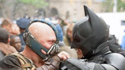 As Bane, Tom Hardy goes head to head with Christian Bale's Batman in this summer's "The Dark Knight Rises."