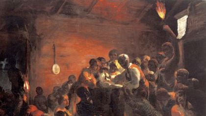 This 1863 oil painting by William Tolman Carlton, "Watch Meeting -- Dec. 31st 1862 -- Waiting for the Hour," depicts the wait for President Lincoln to sign the Emancipation Proclamation.