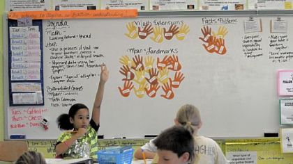 Nadya Plutnicki raises her hand to ask a question in Nina Dollison's fifth-grade math class at Concord Elementary School in Carrick, which uses the Common Core Curriculum.
