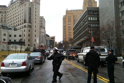 The view up De Soto Street in Oakland where police and emergency personnel responded to the shootings at Western Psychiatric Institute and Clinic this afternoon.