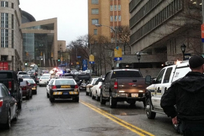 The view up De Soto Street in Oakland where police and emergency personnel responded to the shootings at Western Psychiatric Institute and Clinic this afternoon.