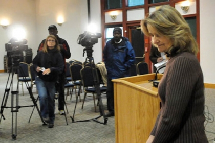 Pittsburgh Zoo & PPG Aquarium President and Chief Executive Officer Barbara Baker finishes a news conference this afternoon regarding the death of a child who fell into the African painted dog exhibit.