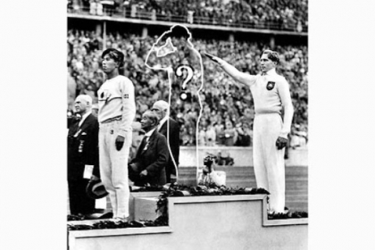 History Games: At the 1936 Berlin Summer Olympics, Jesse Owens -- represented here in silhouette outline -- won the gold medal for America in the long jump (and three other competitions). Germany's Carl Ludwig "Lutz" Long (at right) took the silver and Naoto Tajima of Japan won the bronze. The United States nearly boycotted the Olympics to protest Hitler's rule.
