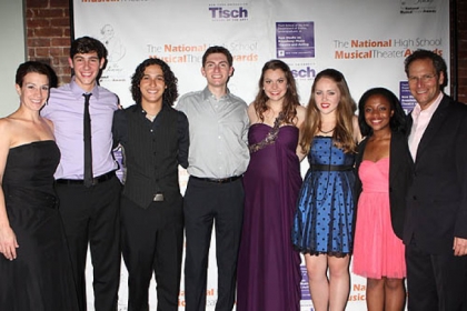 Choreographer Kiesha Lalama, left, and National High School Musical Theater Awards president Van Kaplan, right, with the 2012 Jimmy Award finalists: From left, Drew Shafranek, winner Joshua Grosso, Evan Greenberg, winner Elizabeth Romano, Nicolette Burton and Center Township's Erica Durham.