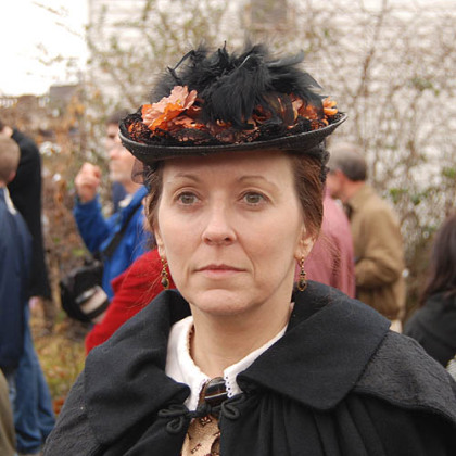 Christine Zukonski of Bayville, N.Y. has been a Civil War re-enactor for 15 years with her husband, Edward, a member of the 57th Virginia because "he loves Virginia." A spectator teased her:  "You could hide a couple Rebels under that dress."