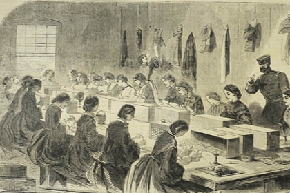 Winslow Homer's engraving, published in the July 1861 issue of Harper's Weekly, shows women making ammunition at the federal arsenal in Watertown, Mass.