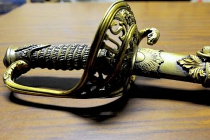 The ornate handle of a sword that belonged to Major William Harris, who was stationed at the U.S. Allegheny Arsenal during the Civil War.