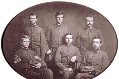 This photo, made in May 1861, shows the Pittsburgh Rifles wearing gray uniforms supplied by Pittsburgh citizens. The men later joined Company A of the 9th Pennsylvania Reserves. In the front row, left to right, are Sergeant Hartley Howard, Private George T. Robinson and Private George W. Dilworth. From left to right in the back row are Private John S. Copley, Private George J. Hazlett and Abner Updegraff Howard, brother of Sgt. Hartley Howard.