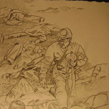 A Confederate re-enactor portrays Sgt. Richard Kirkland at the a re-enactment of the Battle of Fredericksburg in a sketch by Keith Borgers of  Tampa, Fla.  Mr. Borgers, a retired chef, portrays an artist for the Illustrated London News at Civil War re-enactments.